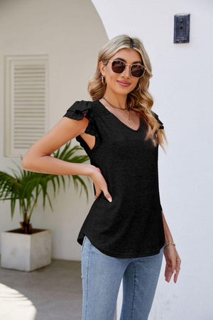 Free Spirit V Neck Flutter Sleeve Blouse - MXSTUDIO.COM