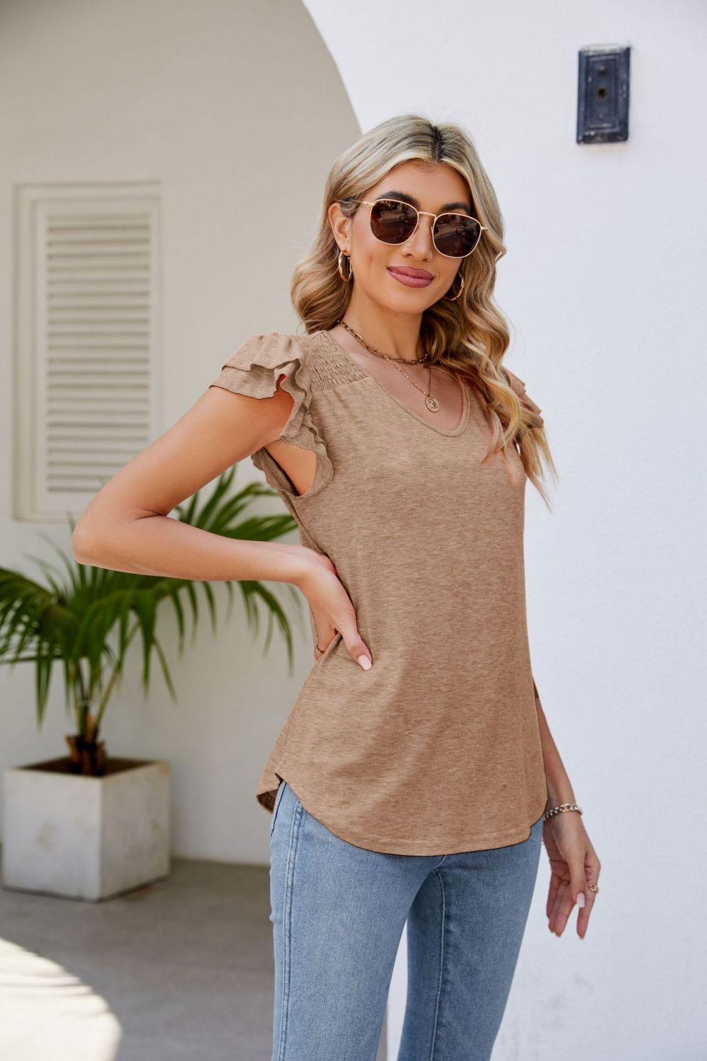 Free Spirit V Neck Flutter Sleeve Blouse - MXSTUDIO.COM