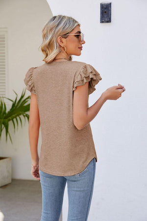 Free Spirit V Neck Flutter Sleeve Blouse - MXSTUDIO.COM