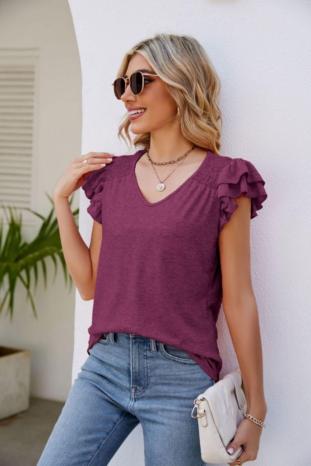 Free Spirit V Neck Flutter Sleeve Blouse - MXSTUDIO.COM