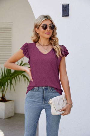 Free Spirit V Neck Flutter Sleeve Blouse - MXSTUDIO.COM