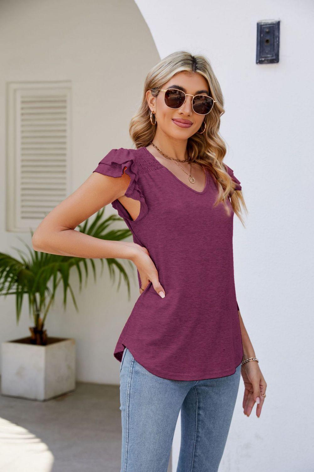 Free Spirit V Neck Flutter Sleeve Blouse - MXSTUDIO.COM