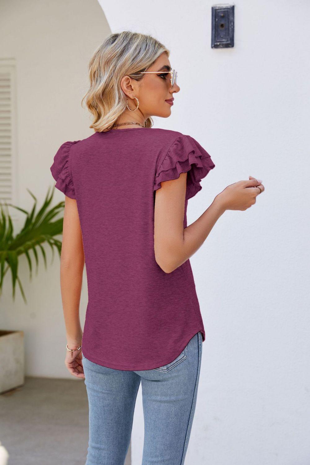 Free Spirit V Neck Flutter Sleeve Blouse - MXSTUDIO.COM