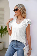 Free Spirit V Neck Flutter Sleeve Blouse - MXSTUDIO.COM