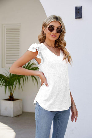 Free Spirit V Neck Flutter Sleeve Blouse - MXSTUDIO.COM