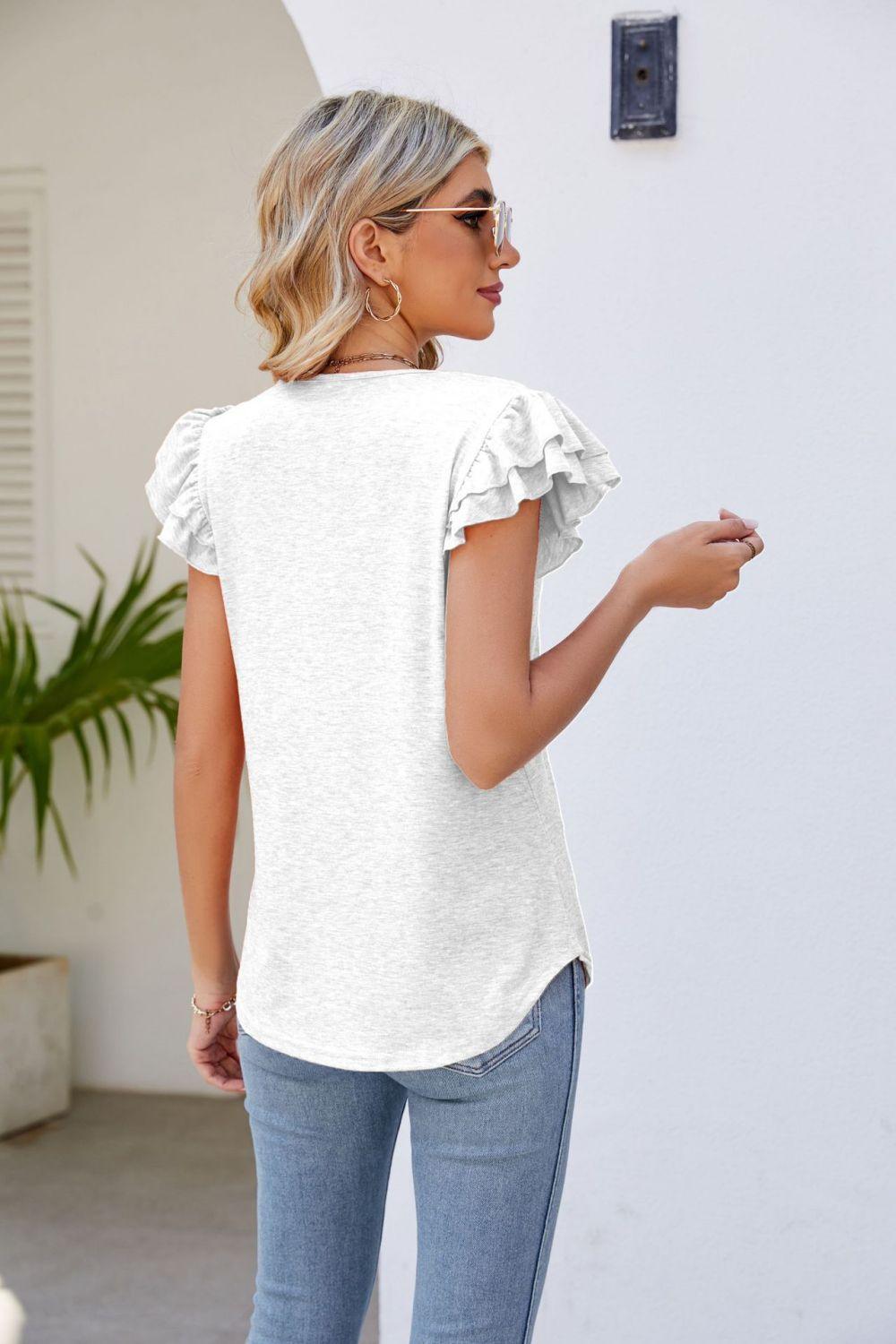 Free Spirit V Neck Flutter Sleeve Blouse - MXSTUDIO.COM