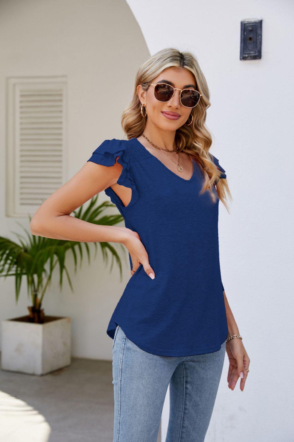 Free Spirit V Neck Flutter Sleeve Blouse - MXSTUDIO.COM