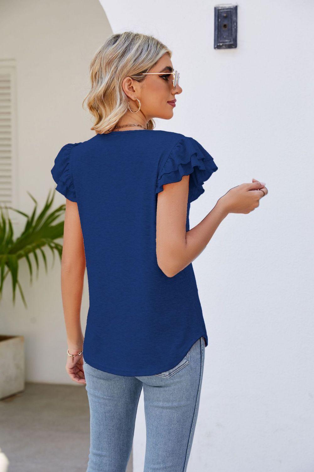 Free Spirit V Neck Flutter Sleeve Blouse - MXSTUDIO.COM