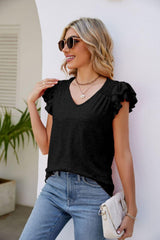 Free Spirit V Neck Flutter Sleeve Blouse - MXSTUDIO.COM