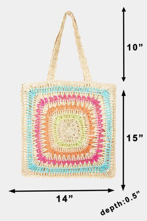 a crocheted tote bag with measurements