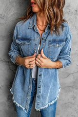 a woman wearing a denim shirt and jeans