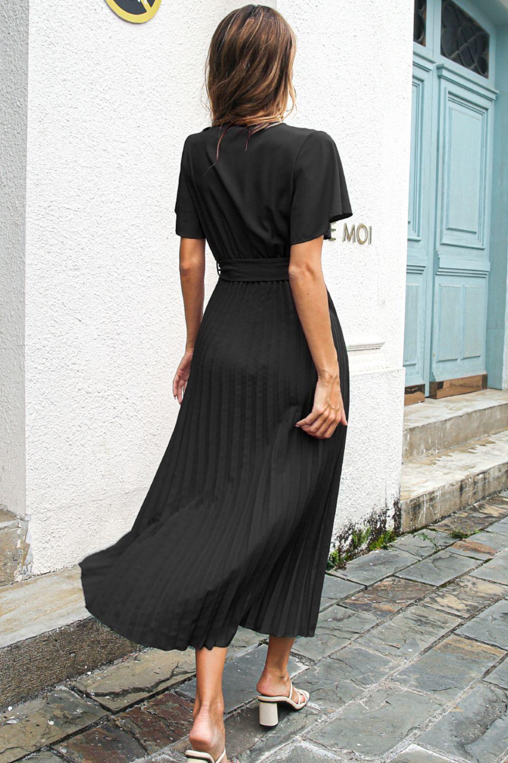 Free-Swinging Belted Surplice Midi Dress - MXSTUDIO.COM