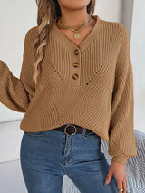 Free Time Comfort Lantern Sleeve V Neck Knit Sweater-MXSTUDIO.COM