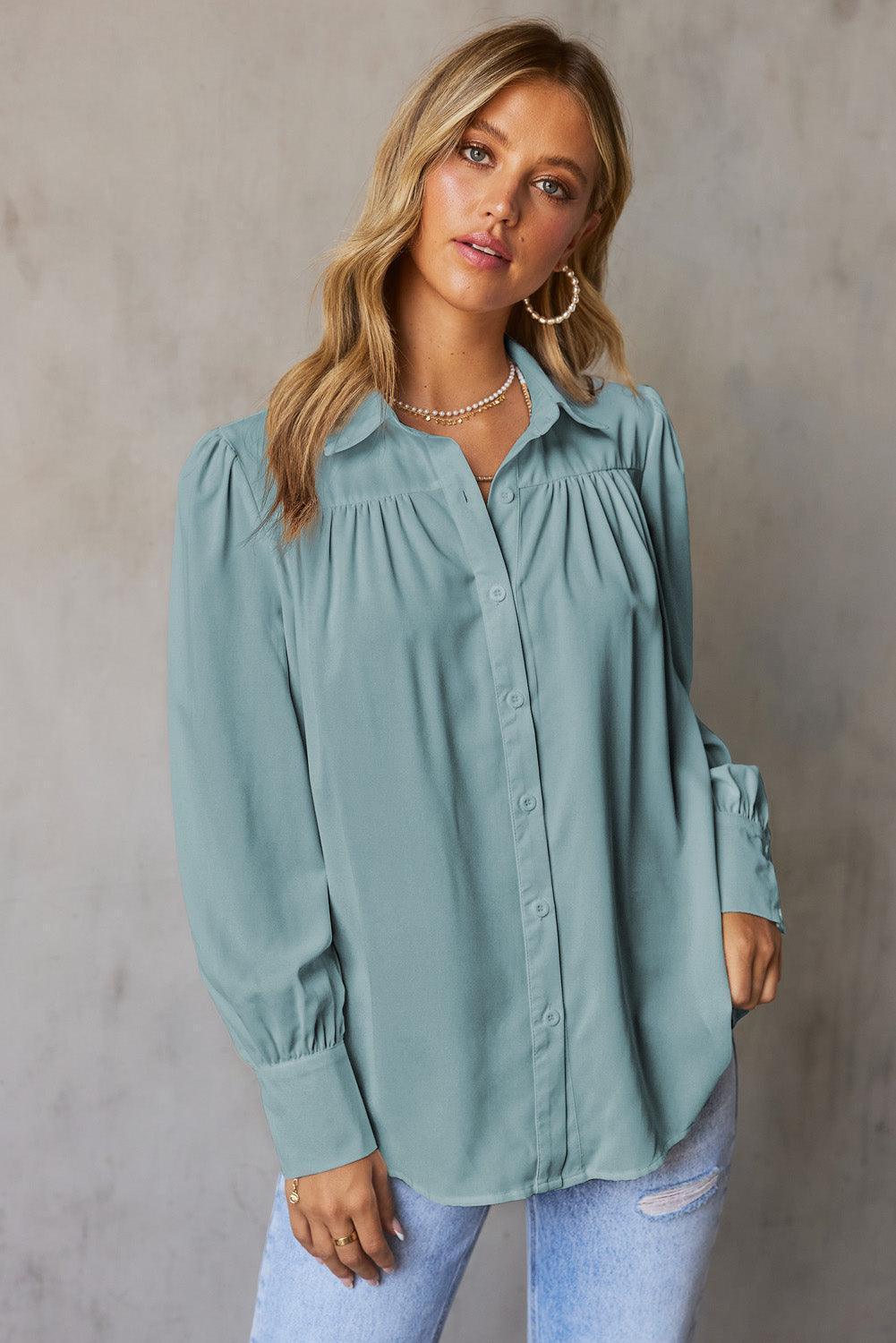 Free and Easy Buttoned Puff Long Sleeve Shirt - MXSTUDIO.COM