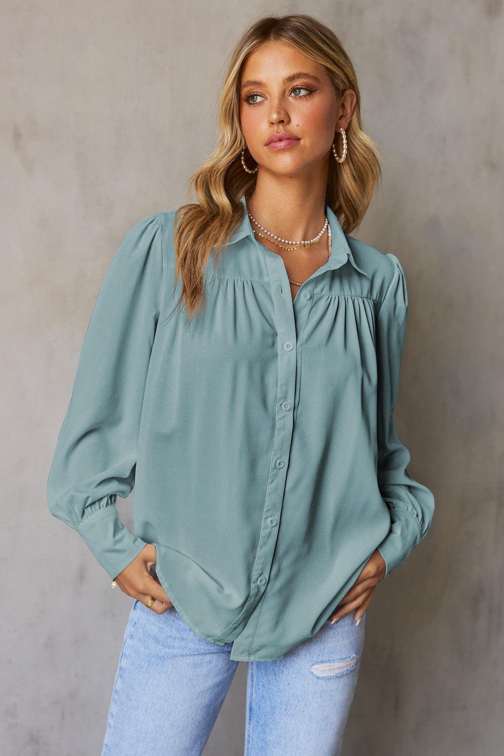 Free and Easy Buttoned Puff Long Sleeve Shirt - MXSTUDIO.COM