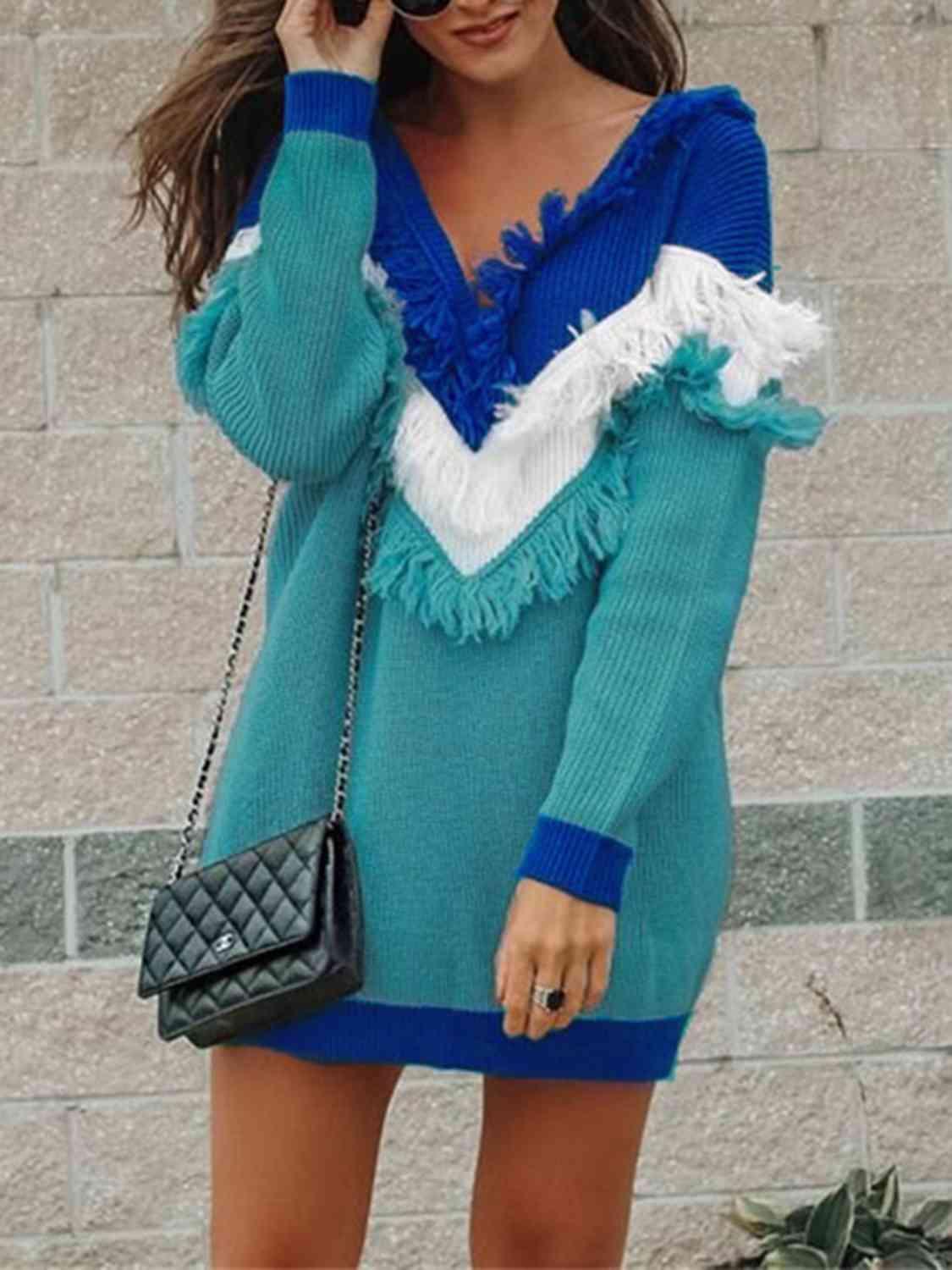 Freezy Chic Color Block Fringe Sweater Dress-MXSTUDIO.COM