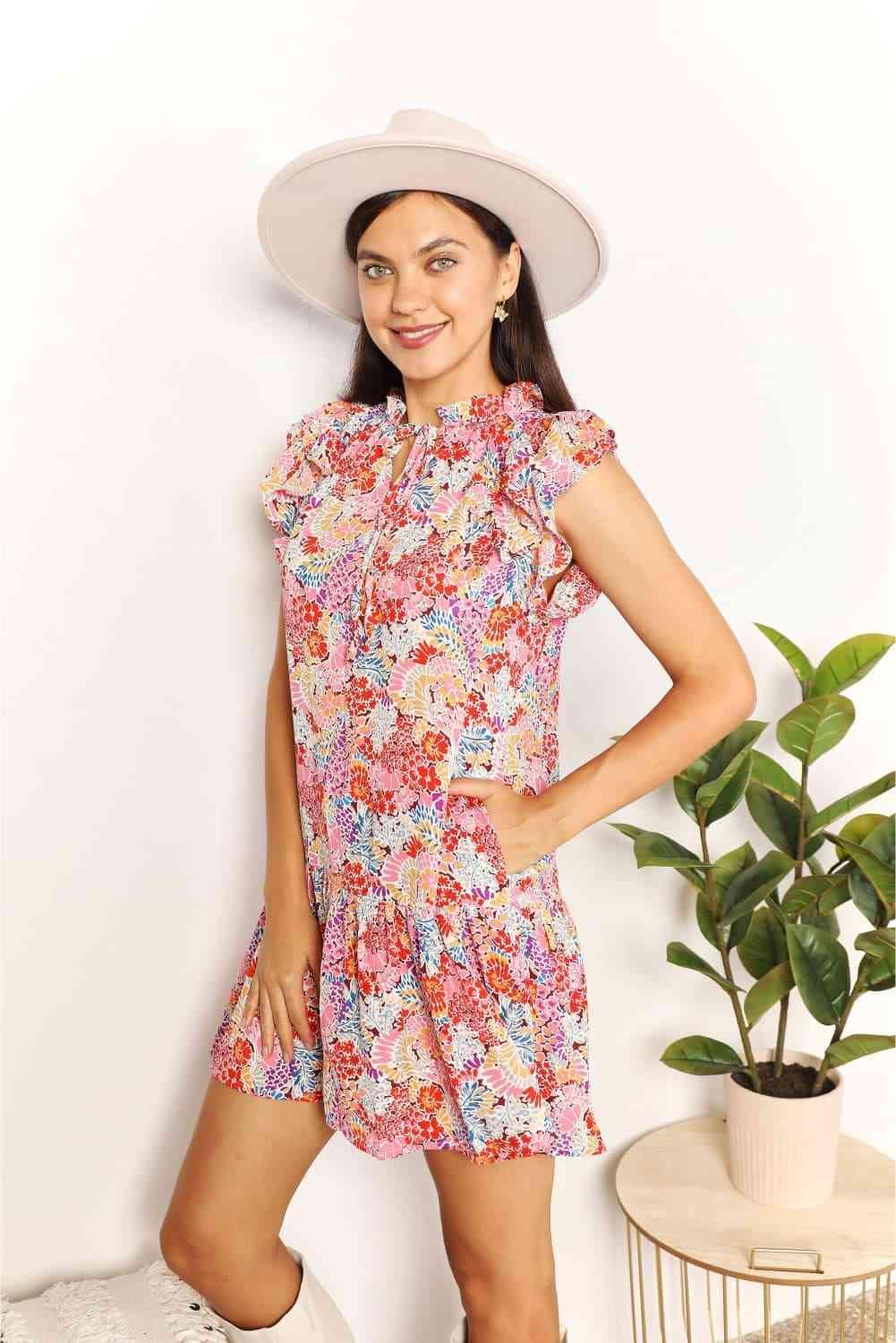 Fresh And Vibrant Mini Floral Flutter Sleeve Dress - MXSTUDIO.COM