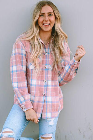 Fresh Button Down Pink Plaid Shirt Jacket-MXSTUDIO.COM