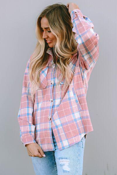 Fresh Button Down Pink Plaid Shirt Jacket-MXSTUDIO.COM