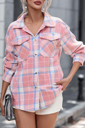 Fresh Button Down Pink Plaid Shirt Jacket-MXSTUDIO.COM