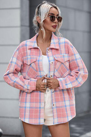 Fresh Button Down Pink Plaid Shirt Jacket-MXSTUDIO.COM