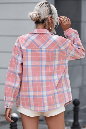 Fresh Button Down Pink Plaid Shirt Jacket-MXSTUDIO.COM