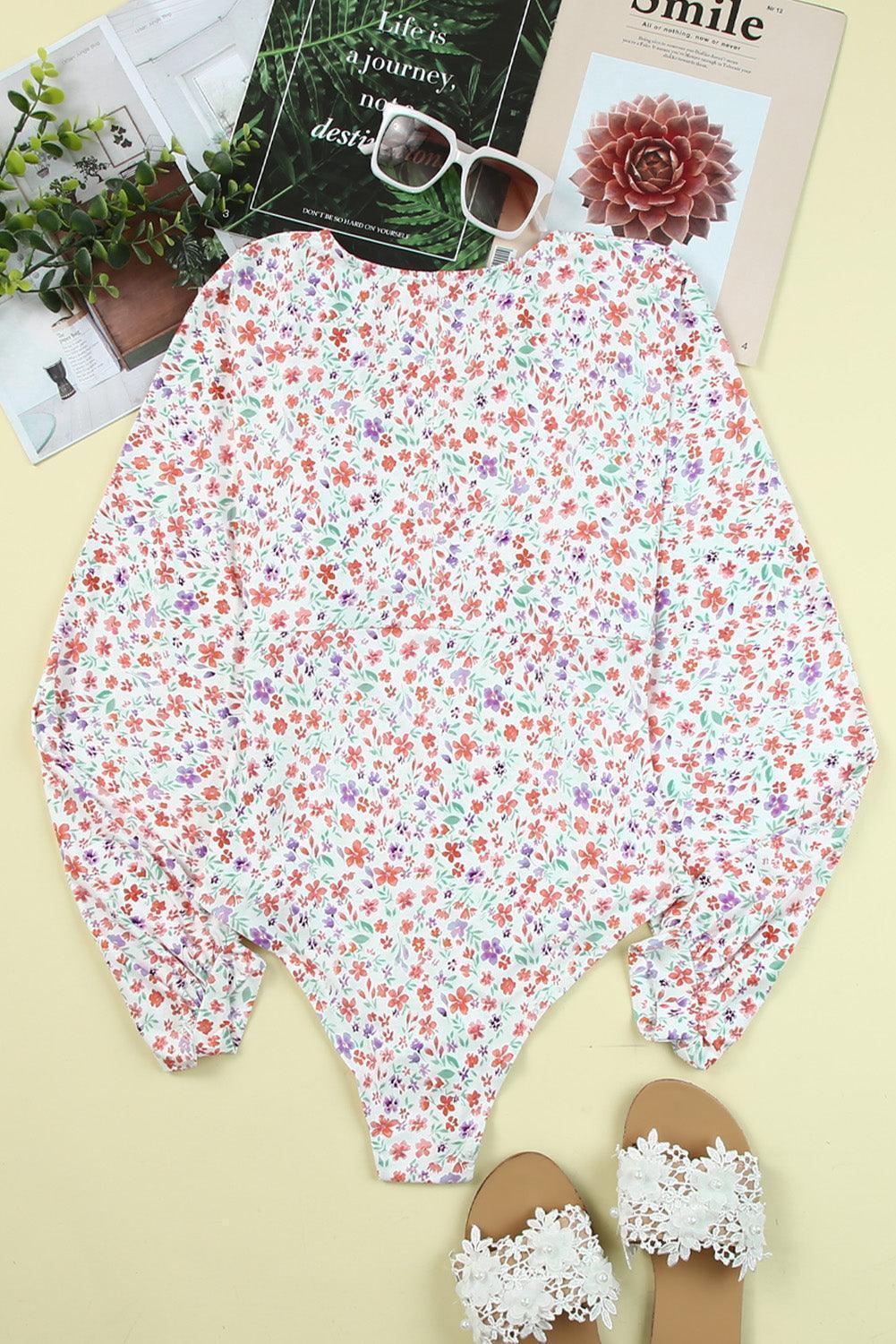 Fresh Floral V-Neck Long Sleeve Bodysuit - MXSTUDIO.COM