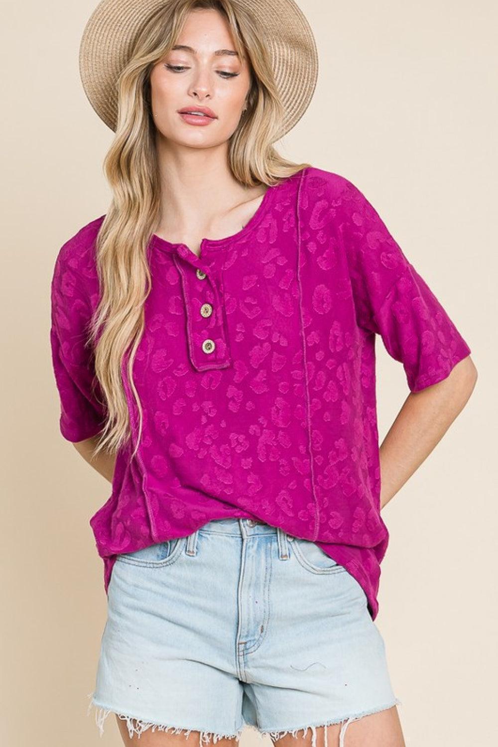 Fresh Start Buttoned Animal Textured Blouse - MXSTUDIO.COM