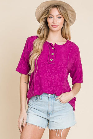 Fresh Start Buttoned Animal Textured Blouse - MXSTUDIO.COM