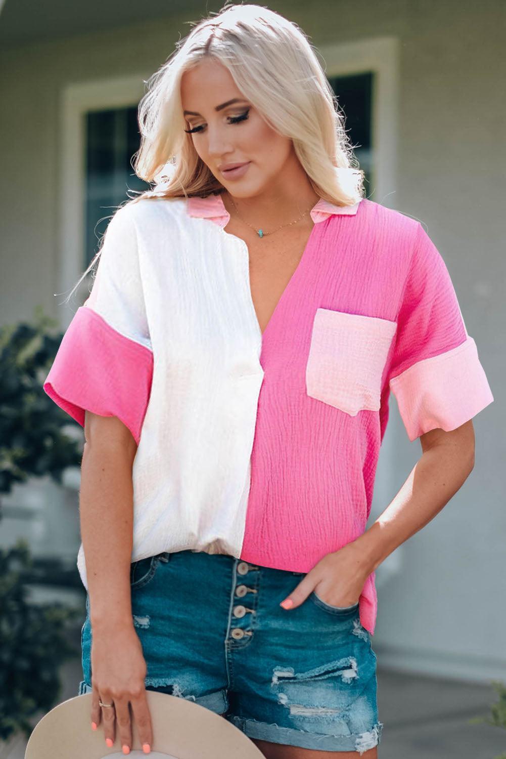 Fresh Textured Pink Color Block Blouse - MXSTUDIO.COM