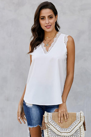 Freshly Enlivened V-Neck Sleeveless Lace Trim Tank Top - MXSTUDIO.COM