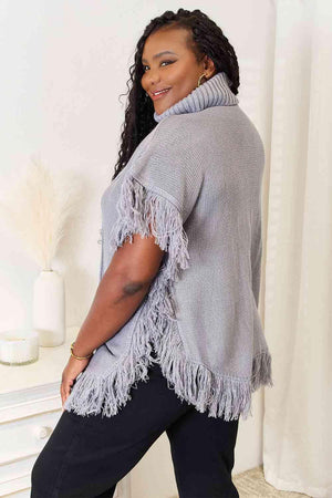 Fringe Accent Light Gray Plus Size Poncho Top - MXSTUDIO.COM