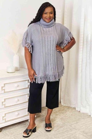 Fringe Accent Light Gray Plus Size Poncho Top - MXSTUDIO.COM