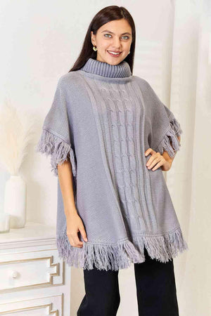 Fringe Accent Light Gray Plus Size Poncho Top - MXSTUDIO.COM