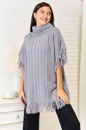 Fringe Accent Light Gray Plus Size Poncho Top - MXSTUDIO.COM