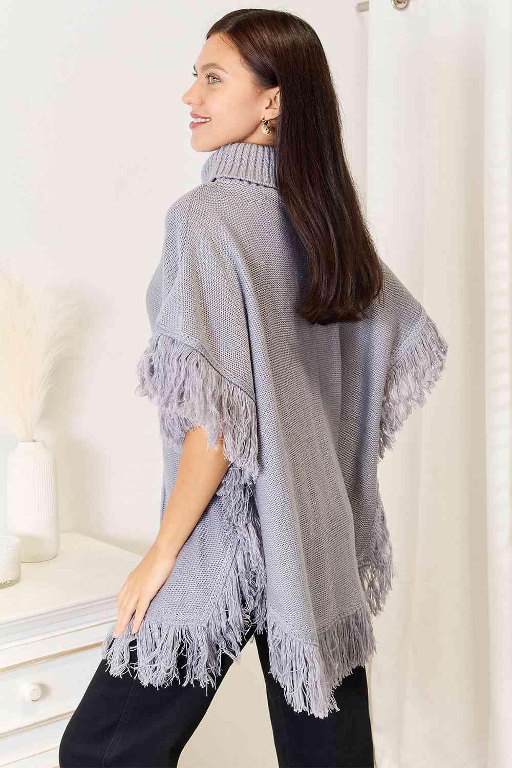 Fringe Accent Light Gray Plus Size Poncho Top - MXSTUDIO.COM