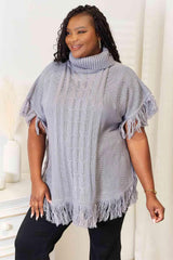 Fringe Accent Light Gray Plus Size Poncho Top - MXSTUDIO.COM