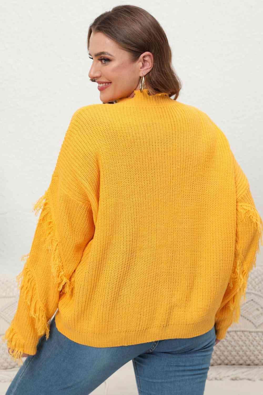 Fringe Accent Long Sleeve Plus Size Yellow Sweater - MXSTUDIO.COM
