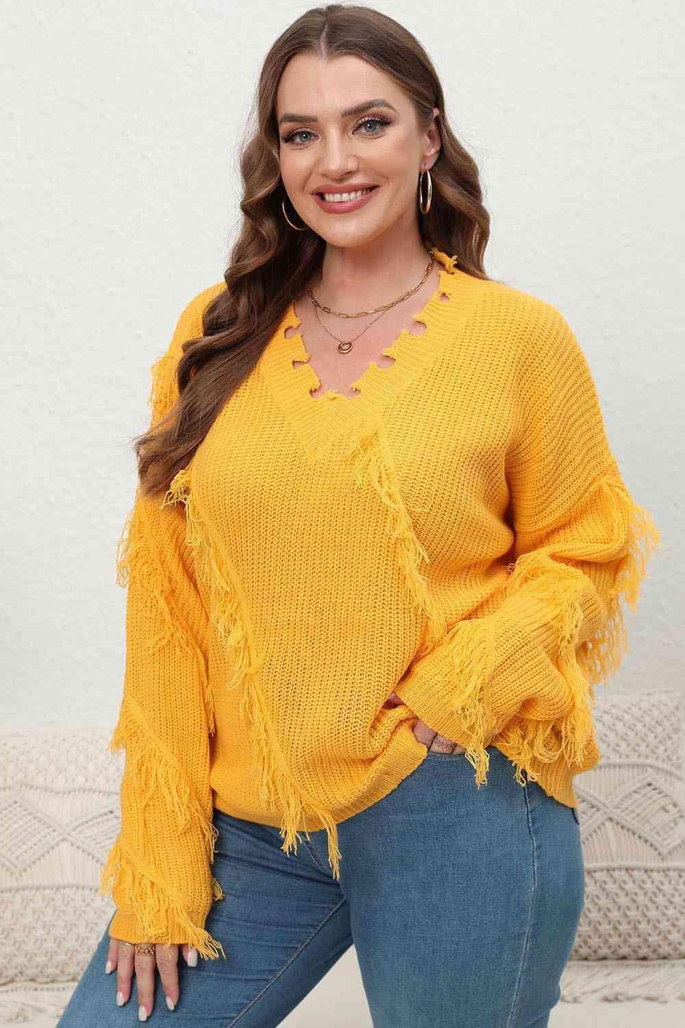 Fringe Accent Long Sleeve Plus Size Yellow Sweater - MXSTUDIO.COM