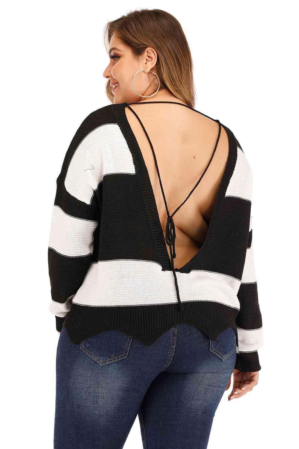 Fringe Accent Open Back Plus Size Color Block Sweater - MXSTUDIO.COM