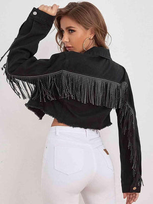 Fringe Detail Black Cropped Denim Jacket - MXSTUDIO.COM