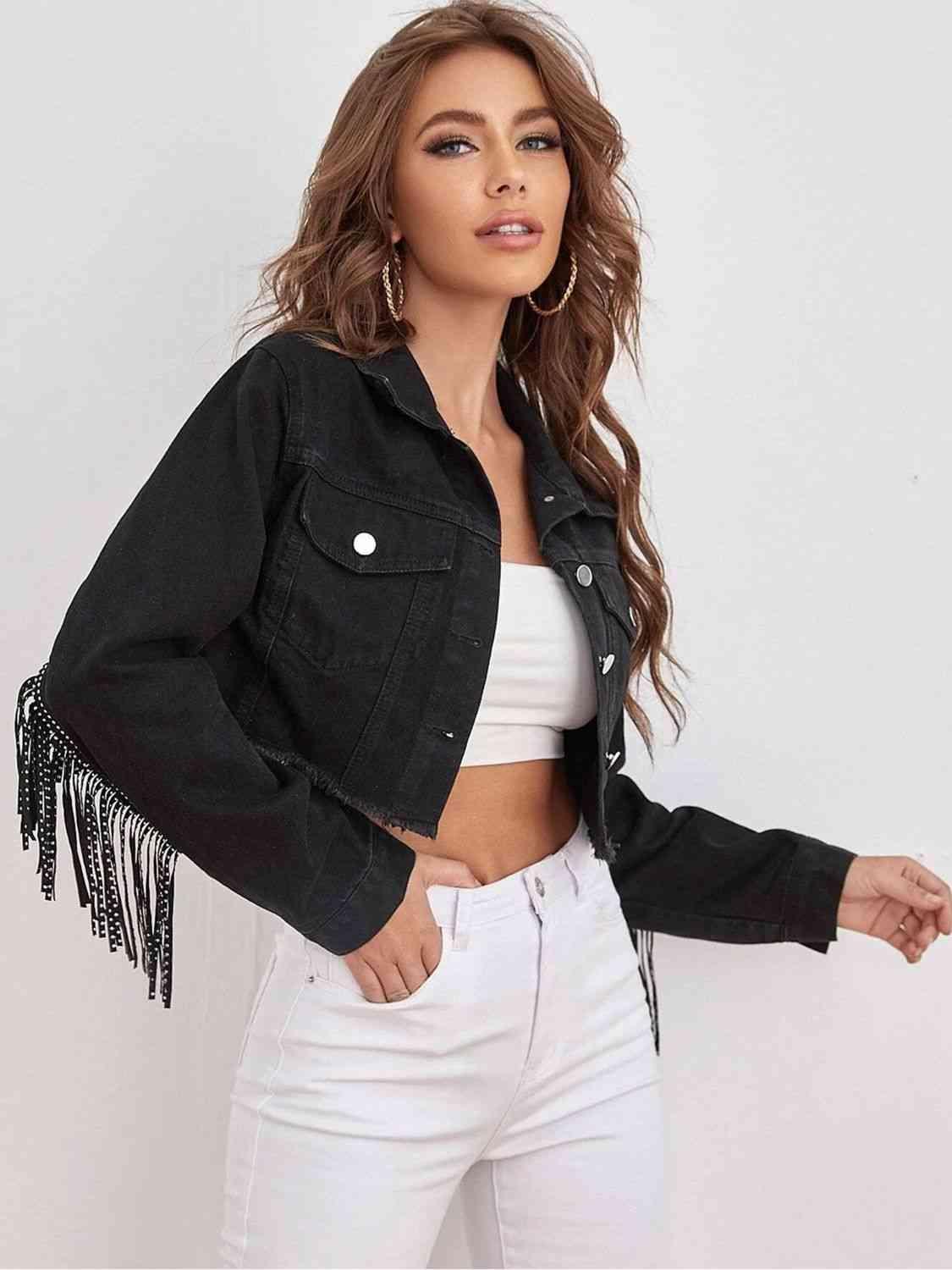 Fringe Detail Black Cropped Denim Jacket - MXSTUDIO.COM