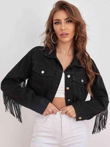 Fringe Detail Black Cropped Denim Jacket - MXSTUDIO.COM