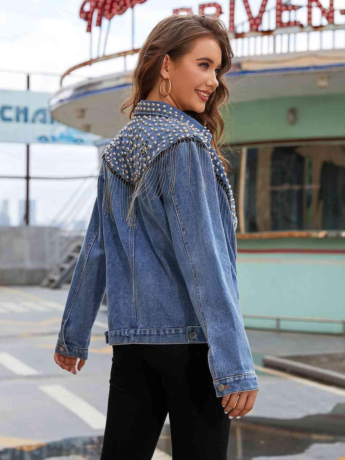 Fringe Detail Buttoned Studded Denim Jacket - MXSTUDIO.COM