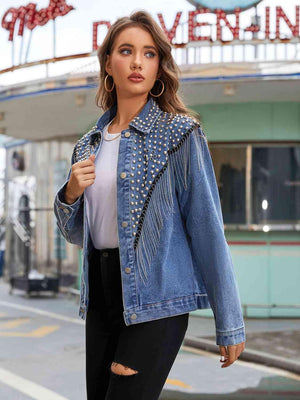 Fringe Detail Buttoned Studded Denim Jacket - MXSTUDIO.COM