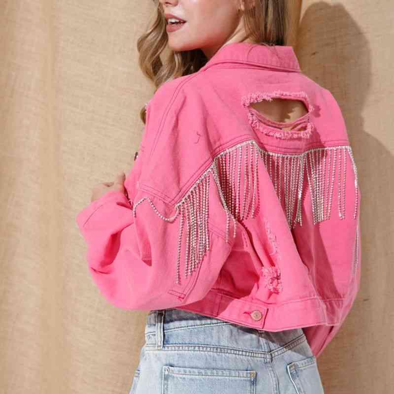 Fringe Detail Cropped Distressed Denim Jacket - MXSTUDIO.COM