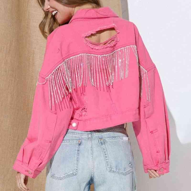 Fringe Detail Cropped Distressed Denim Jacket - MXSTUDIO.COM