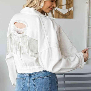 Fringe Detail Cropped Distressed Denim Jacket - MXSTUDIO.COM