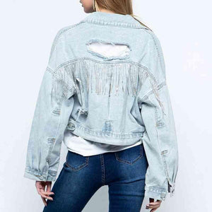 Fringe Detail Cropped Distressed Denim Jacket - MXSTUDIO.COM