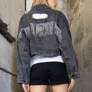 Fringe Detail Cropped Distressed Denim Jacket - MXSTUDIO.COM